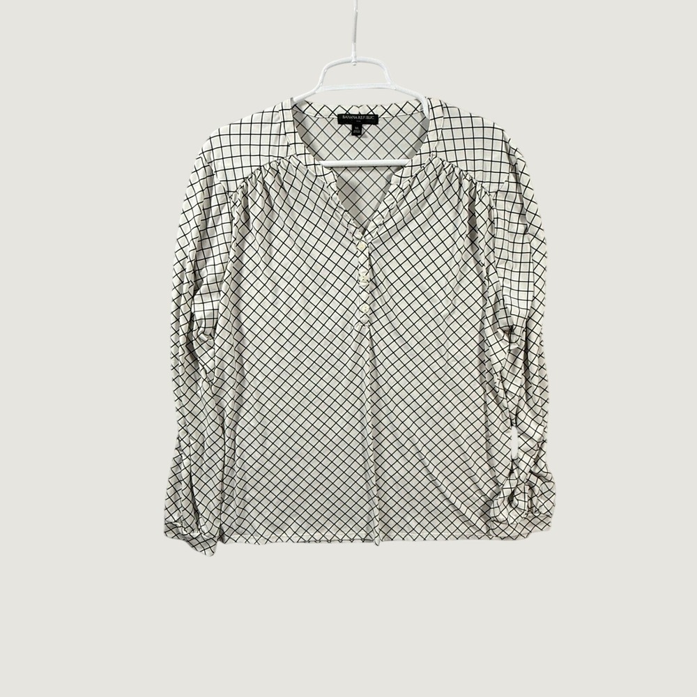 Banana Republic Womens XL Black White Grid Diamond Print V-Neck Blouse Top
